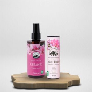 Presenteie com Afeto - Kit Água Floral Gerânio 200ml Bioessencia + Blend Roll-on Equilíbrio 10ml Bioessencia