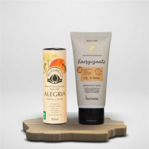Presenteie com Afeto – Kit Hidratante Mãos Energizante 60g Via Aroma + Blend Alegria 10ml Bioessencia