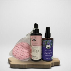Presenteie com Afeto – Kit Ecopad Clorofila Zen + Gel Sérum Condessa 260ml + Água Floral Lavanda 200ml Bioessencia