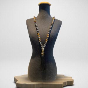 Colar Japamala - Olho de Tigre, Hematita e Pedra Vulcânica